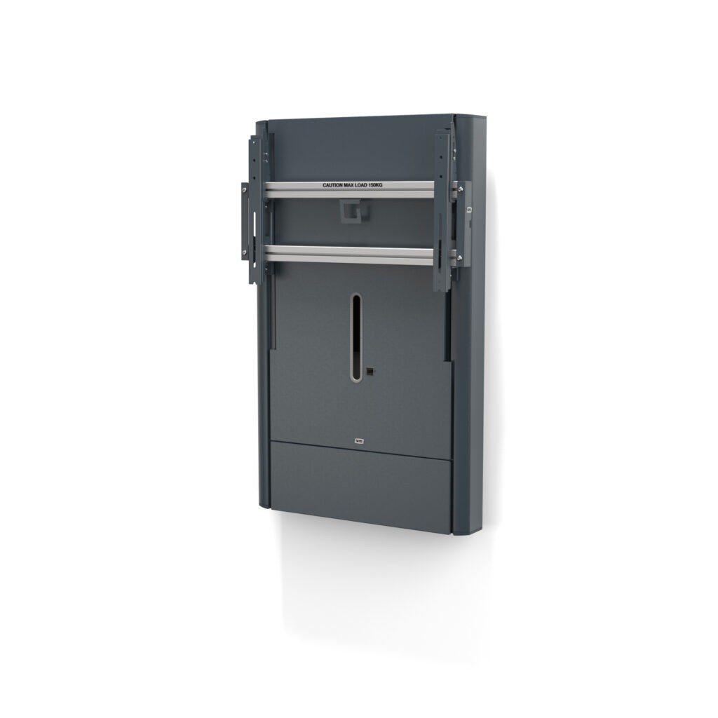 Gray metal monitor mount accessory with adjustable brackets, featuring a central cable management slot and a sleek, minimalist design for wall installation.