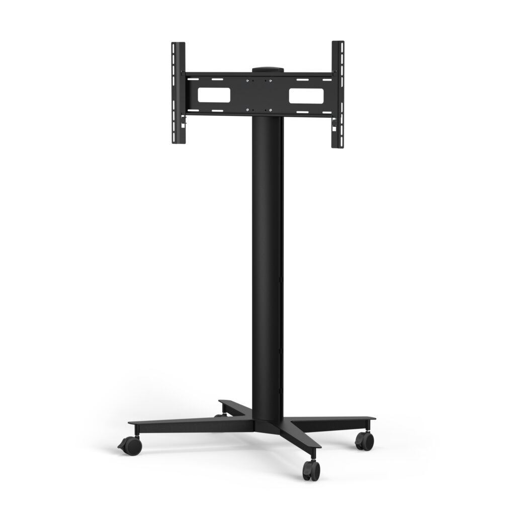 Black monitor mount stand with a sturdy vertical pole and a rectangular base, featuring adjustable brackets for secure monitor attachment and rolling wheels for mobility.