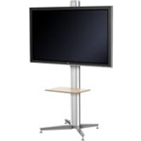 Black signage display mount with silver stand, adjustable height, and small wooden shelf.