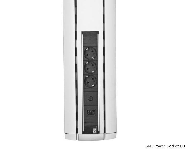 White monitor mount accessory featuring multiple power sockets, including three round European-style sockets and a single rectangular socket, designed for sleek integration.