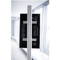 Silver SMS Smart Media Solutions signage display mount with vertical support and adjustable brackets.