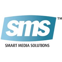 Blue and white SMS Smart Media Solutions logo with stylized "sms" text on a blue background.
