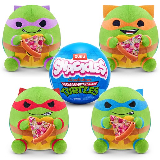 Colorful plush figures of Teenage Mutant Ninja Turtles in varying styles, each holding a slice of pizza, with a blue and pink mystery capsule labeled "Snackles" in the center.