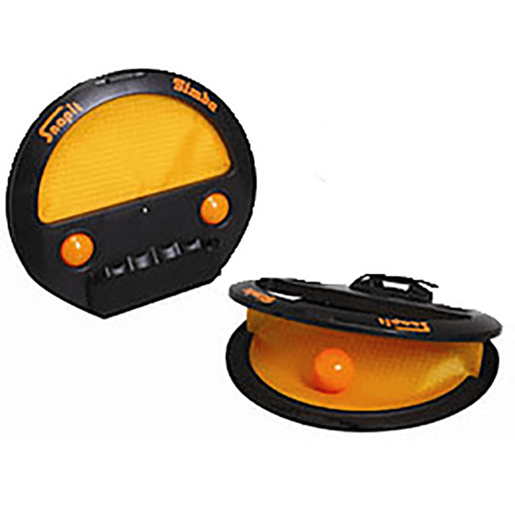 Black and yellow circular game set featuring a textured mesh surface, two orange balls, and a carrying handle, designed for active play and skill development.