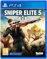 Cover art for "Sniper Elite 5" features a soldier aiming a rifle, with a backdrop of a war-torn landscape, set against a blue PS4 case with white and gold accents.