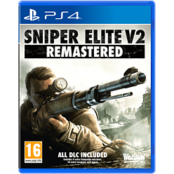 Sniper Elite V2 Remastered for PlayStation 4 features a blue case, a soldier aiming a sniper rifle, and bold text highlighting "Remastered" and "ALL DLC INCLUDED."