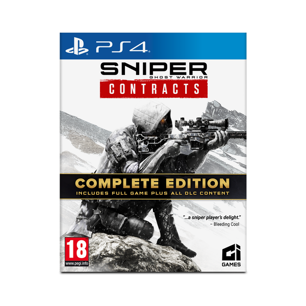 Cover art for "Sniper Ghost Warrior Contracts Complete Edition" features a sniper in a snowy landscape, with a dark color scheme and bold red accents highlighting the title and edition details.