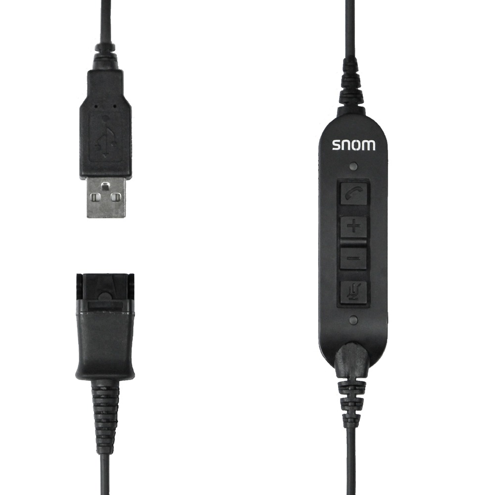 Black Snom ACUSB USB adapter cable featuring a control unit with three buttons, connecting A100M/D headsets to Snom landline telephones with USB ports.