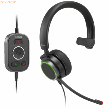 Black over-ear headset with soft PU leather, passive noise cancellation, and a detachable cable; includes call control unit with buttons for answering and muting calls.