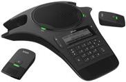 Black Snom C520 IP conference phone with a central speaker, keypad, and two wireless microphones, featuring green indicator lights and a sleek, modern design.