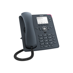 Snom D140 desk telephone in dark gray features a keypad, HD audio, a small display, and supports two SIP identities, with a coiled handset cord.