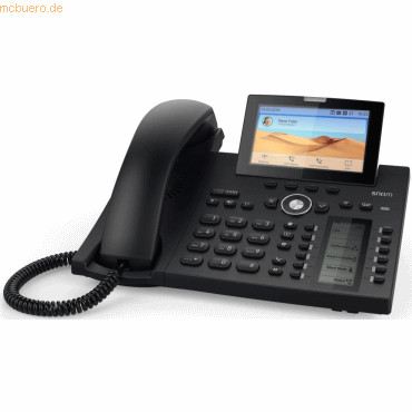 Black Snom D385N IP phone featuring a 12-line TFT display, a sleek design, a numeric keypad, and a coiled handset for easy communication.