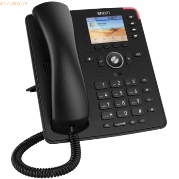 Black Snom D713 IP desk phone featuring HD audio, a TFT liquid crystal display, a numeric keypad, and a coiled handset with a sleek design.