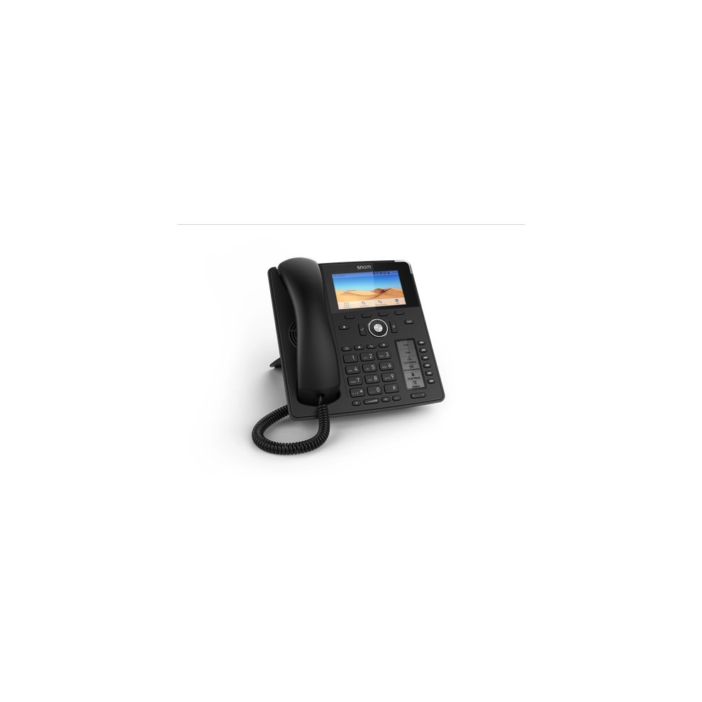 Black Snom D785 IP phone with a smartscreen, featuring 12 SIP identities, Bluetooth, USB connectivity, and a numeric keypad with a coiled handset.