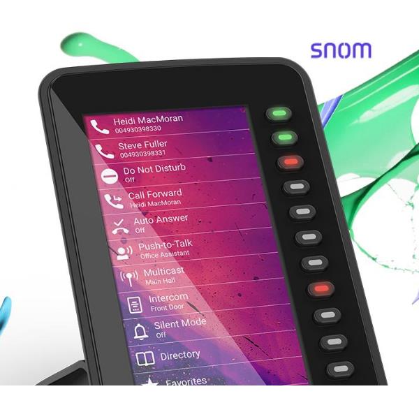 Snom D7C IP add-on module in black with a vibrant color display, featuring programmable keys, a sleek design, and illuminated buttons for quick access to functions.