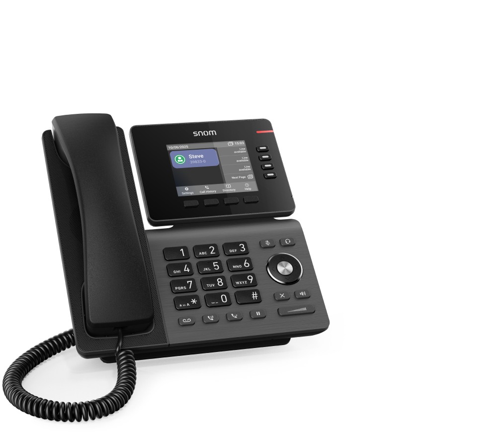 Black Snom D810W IP phone featuring a sleek design, a color IPS display, a numeric keypad, and a coiled handset, designed for Wi-Fi connectivity.
