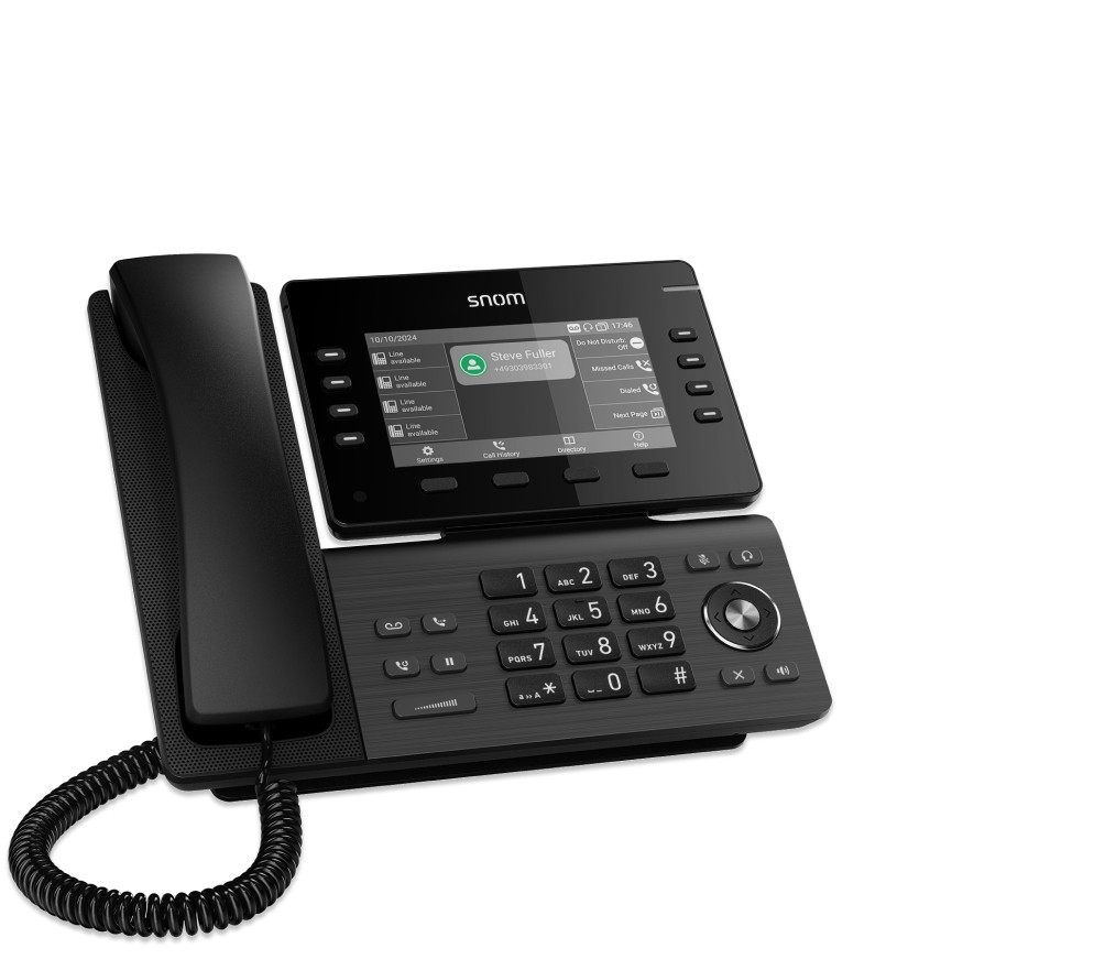 Snom D812 IP phone in black with a TFT display, featuring a numeric keypad, programmable keys, and a sleek design, accompanied by a coiled handset.