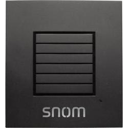 Black Snom DECT Repeater M5 with a sleek design, featuring a grid of horizontal slits and the "Snom" logo at the bottom, operates within the 1880 - 1900 MHz frequency range.
