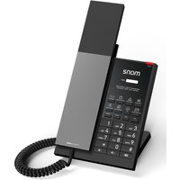 Black Snom HD350A IP phone with sleek handset, numeric keypad, LCD screen, and coiled cord.