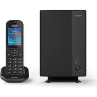 Black Snom M253 DECT base station with sleek design, LED indicator, and accompanying cordless handset with color display.