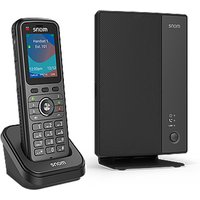 Black Snom M256 DECT base station with sleek design, paired with a cordless handset featuring a color display.