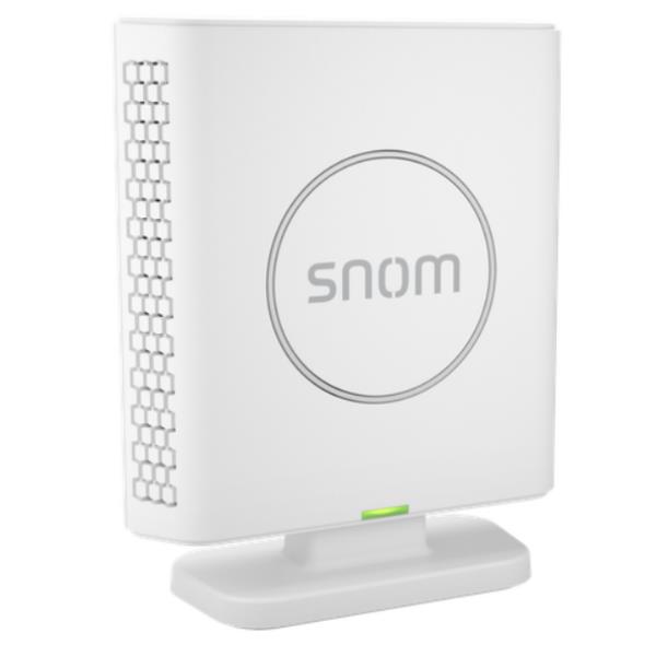 White Snom M400 DECT Base Station with a sleek design, featuring a circular logo, ventilation holes on the side, and a green indicator light at the base.