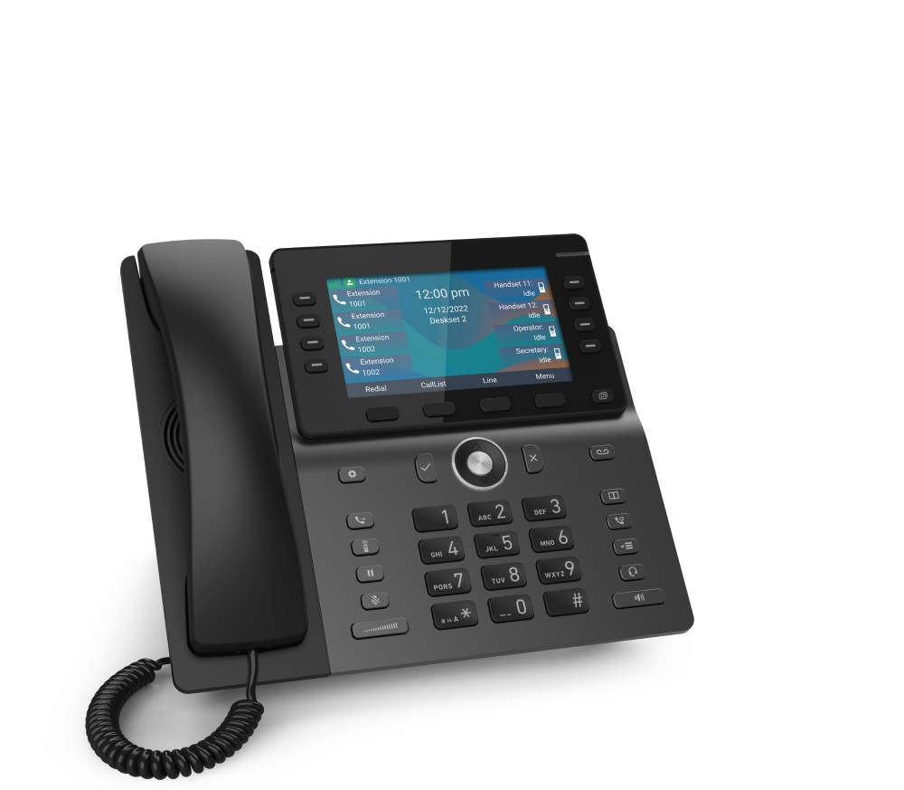 Black Snom M58 DECT handset featuring a large display, keypad with numeric and function buttons, and a coiled handset cord, designed for UK use.