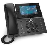 Black Snom M58 IP phone with large color TFT display, keypad, and coiled corded handset.