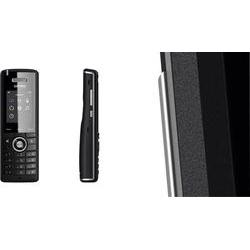 Snom M65 Caller ID phone in black, featuring a sleek design, illuminated display, keypad with numeric buttons, and side profile showing slim dimensions.
