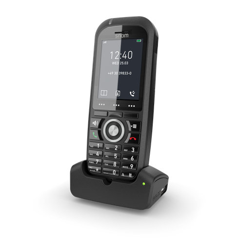 Black Snom M70 IP DECT handset with a sleek design, featuring a large display, numeric keypad, and Bluetooth capability, resting in a matching charging dock.