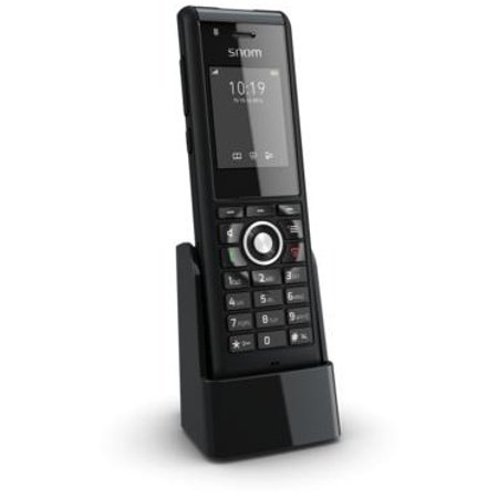 Snom M85 cordless phone in black, featuring a sleek design, a digital display showing the time, and a keypad with numerical buttons, resting in a black charging dock.