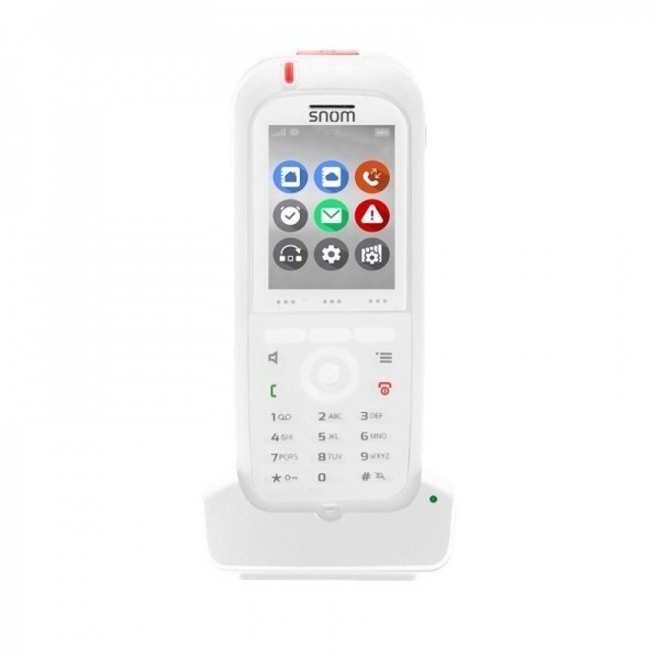 White Snom M90 DECT telephone handset featuring a color display with icons, a numeric keypad, and a sleek design, resting on a charging dock.