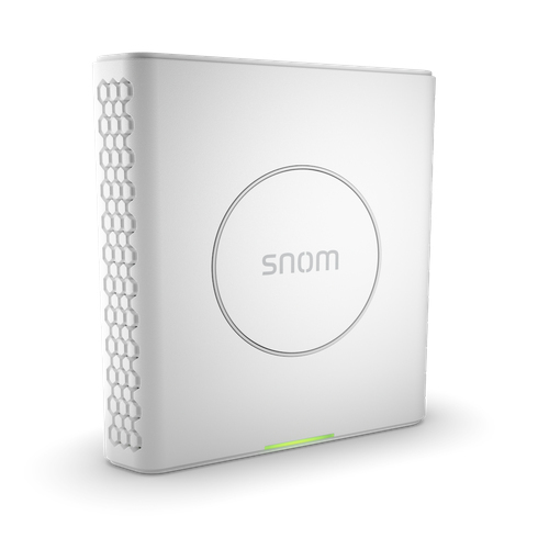 White Snom M900 DECT Base Station with a sleek design, featuring a circular logo on the front, hexagonal pattern on the side, and a green indicator light at the bottom.