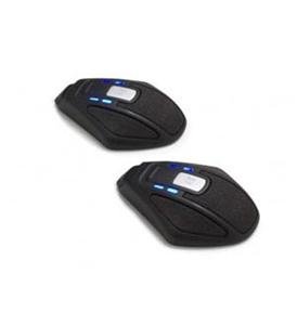 Two sleek black Snom MeetingPoint devices with a textured finish, featuring blue LED indicators and a central control button for conference calls.