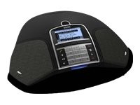 Black teleconferencing equipment with a central control panel, featuring a screen and keypad, flanked by two textured speaker areas for enhanced audio.