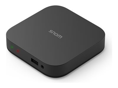 Snom SP800 is a sleek black device with a smooth surface, featuring a red and green LED indicator, a USB port, and audio jacks on one side.