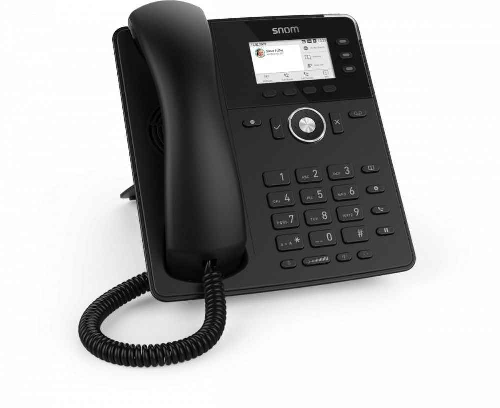 Black Snom D717 IP phone with three lines, featuring a TFT display, numeric keypad, navigation buttons, and a coiled handset cord.