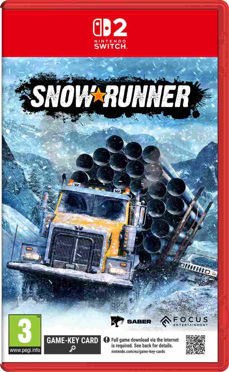 Nintendo Switch game case for "SnowRunner," featuring a yellow truck hauling large pipes in a snowy landscape, with bold black text and logos for Focus Home Interactive and Saber.