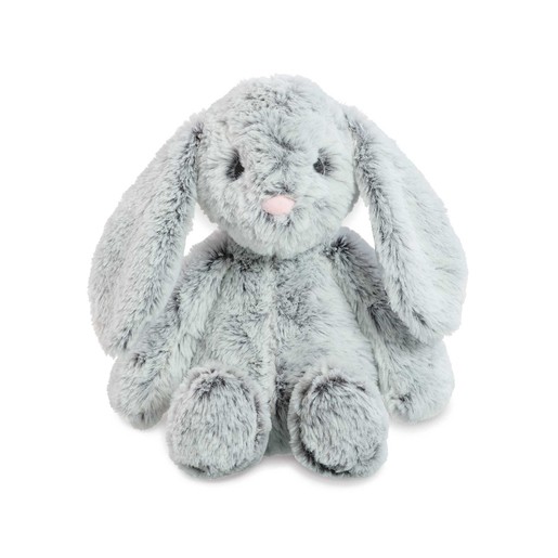 Soft, fluffy grey bunny toy with long ears, a round face, and a small pink nose, featuring a cuddly texture perfect for snuggling.