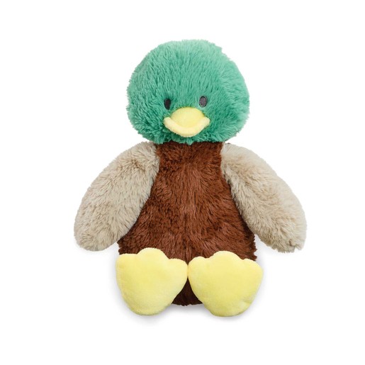 Green and brown plush duck soft toy with a round head, yellow beak, and yellow feet, featuring soft fur and a cuddly body, perfect for snuggling.