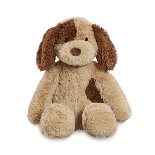 Soft plush dog toy with a tan body and brown patches, featuring floppy ears, a round face, and a stitched nose, perfect for cuddling and play.
