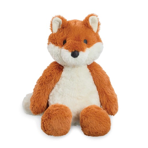 Soft toy fox with a fluffy orange body, white belly, and face, featuring round black eyes and stitched details, perfect for cuddling and play.