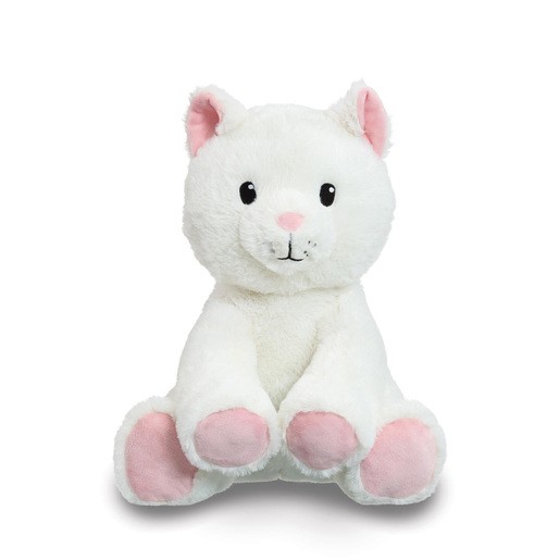 White plush cat soft toy with pink accents on ears and paws, featuring a smiling face with black button eyes and a small pink nose, designed for cuddling.