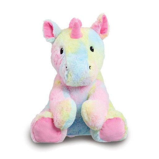 Soft, pastel-colored unicorn plush toy with a pink horn, large black eyes, and a cuddly body, featuring a mix of blue, pink, and yellow hues.