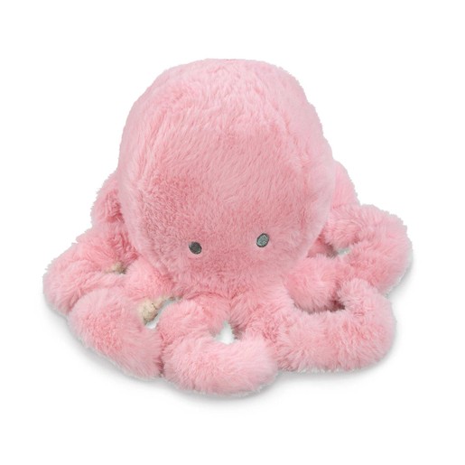 Soft pink octopus plush toy with a fluffy texture, featuring eight curled tentacles and shiny black eyes, perfect for cuddling.