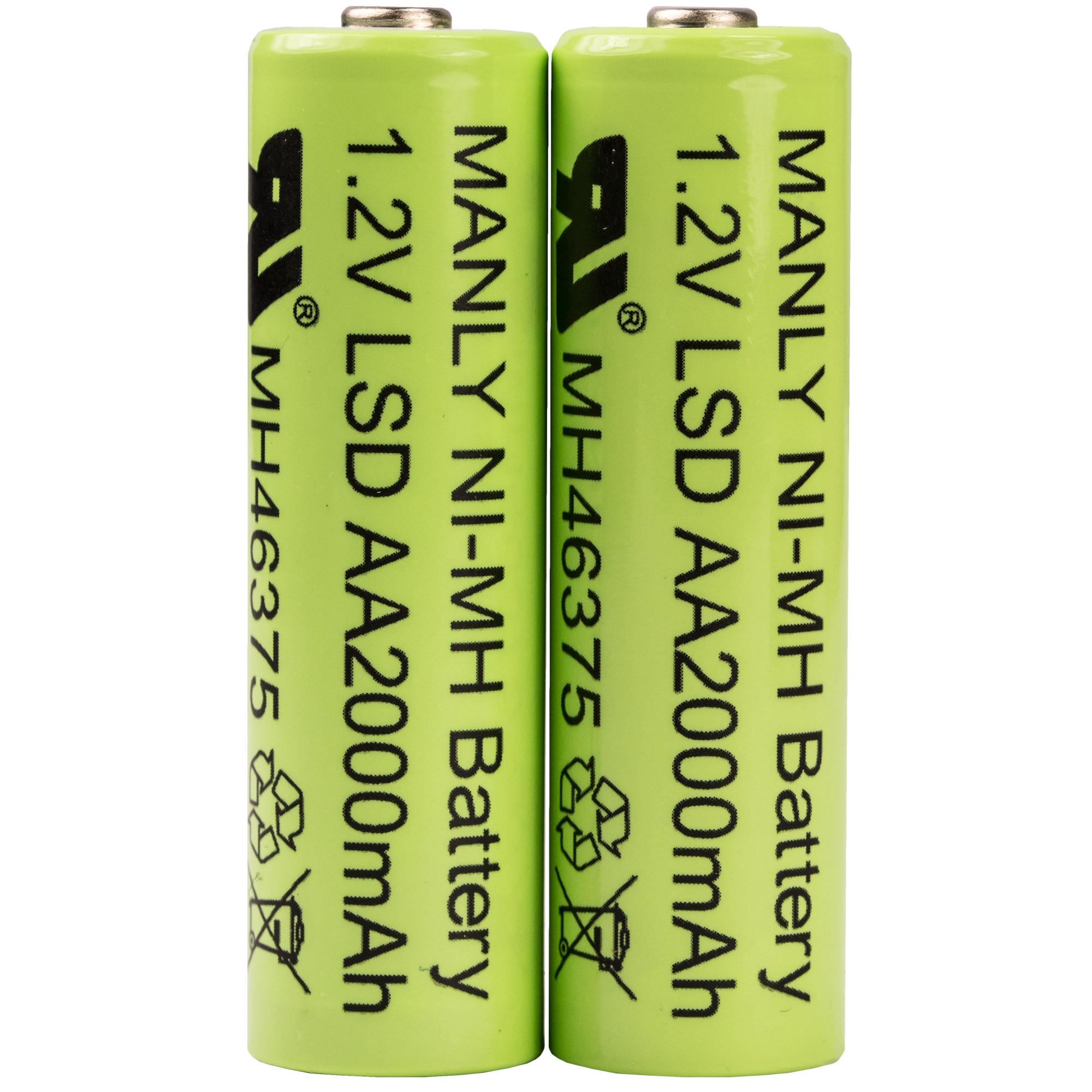 Two bright green rechargeable Ni-MH AA batteries labeled "MANLY" with specifications of 1.2V and 2000mAh capacity, featuring safety symbols and a barcode.