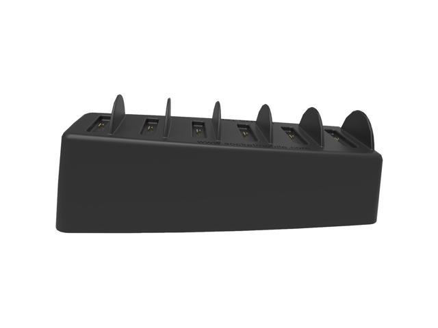 Black plastic charging dock with five slots for barcode readers, featuring a sleek, curved design and gold connectors for secure charging.