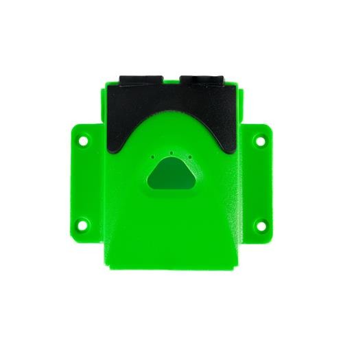 Bright green plastic accessory case for Socket Mobile barcode readers, featuring a black top with two clips and a triangular button in the center.