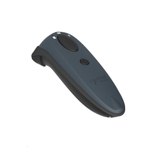 Compact gray and black handheld barcode scanner with a curved design, featuring a trigger button, LED indicators, and a smooth plastic finish.