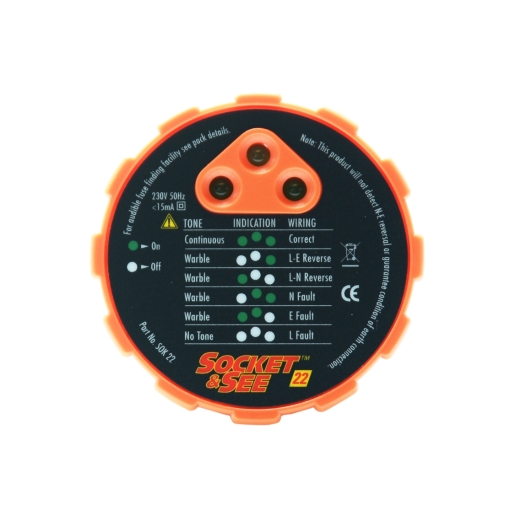 230V Craftsman Mains Socket Tester in a round orange casing with a black face, featuring LED indicator lights and an audible tone switch, designed for testing socket wiring.